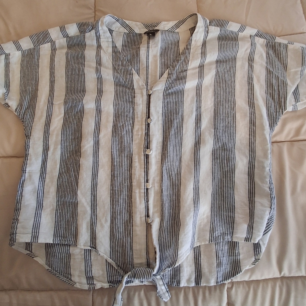 Eddie Bauer Linen Blend Striped Button-Up Blouse
